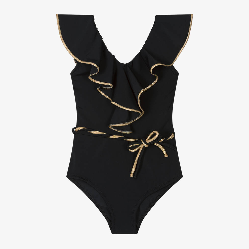 Nessi Byrd - Черный купальник с рюшами для девочек (UV50) | Childrensalon