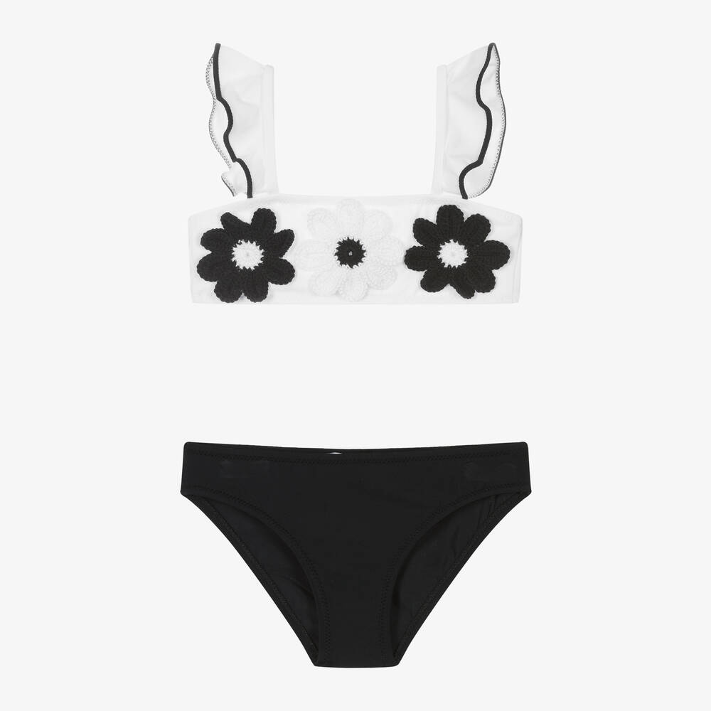 Nessi Byrd - Girls Black & White Flower Bikini (UV50) | Childrensalon