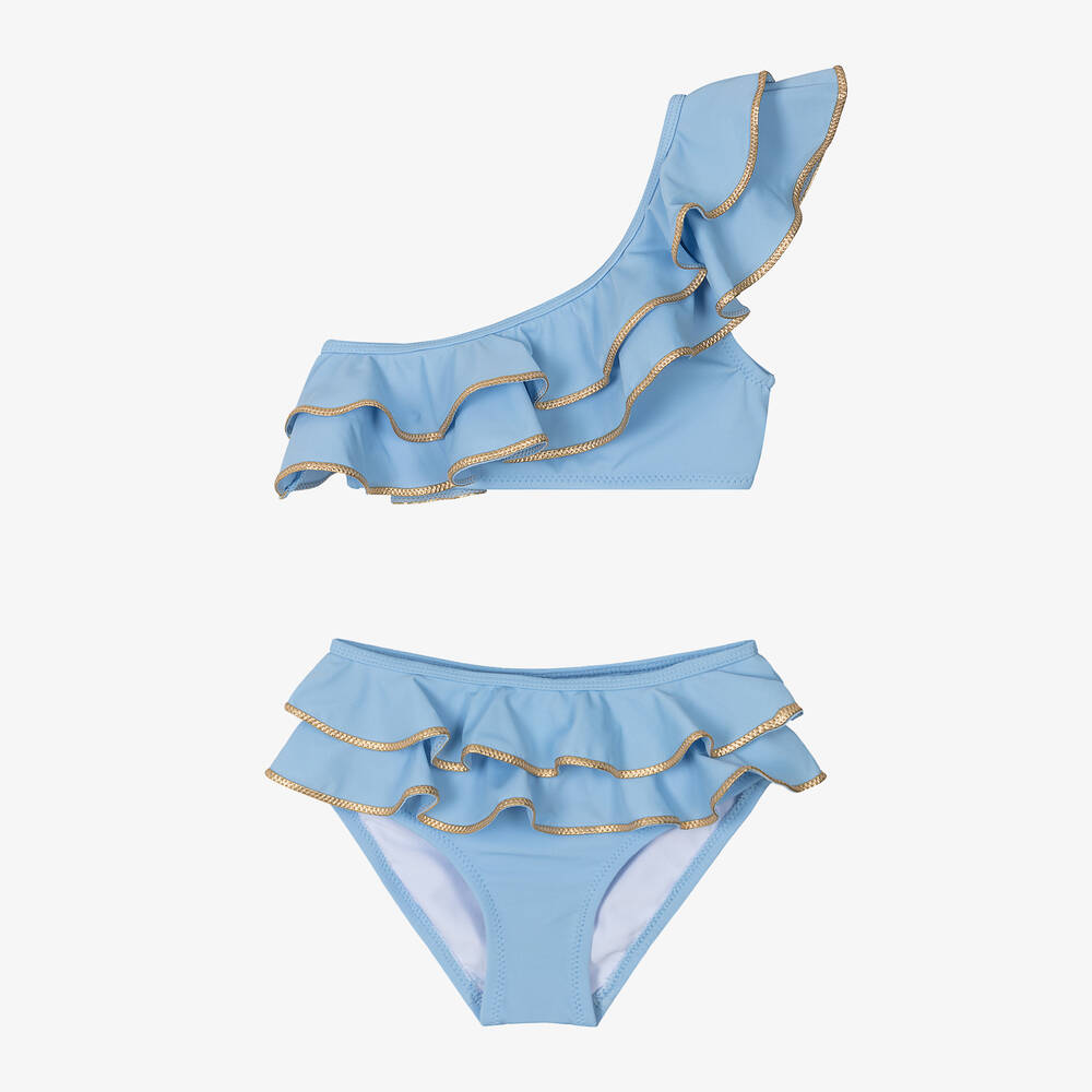 Nessi Byrd - Girls Blue One Shoulder Ruffle Bikini (UV50) | Childrensalon