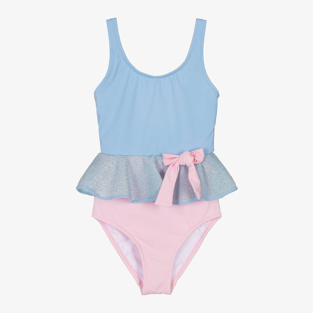 Nessi Byrd - Girls Blue & Pink Bow Swimsuit | Childrensalon