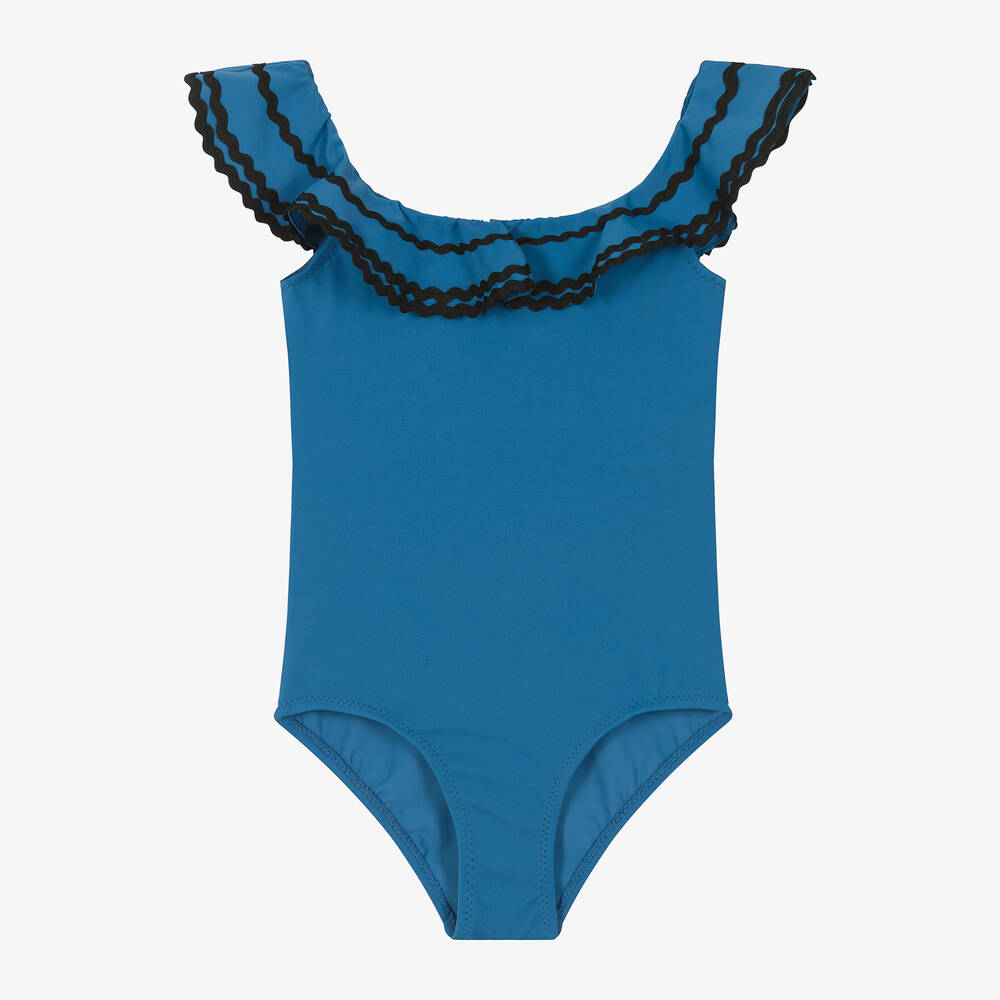Nessi Byrd - Girls Blue Ruffle Swimsuit (UPF50) | Childrensalon