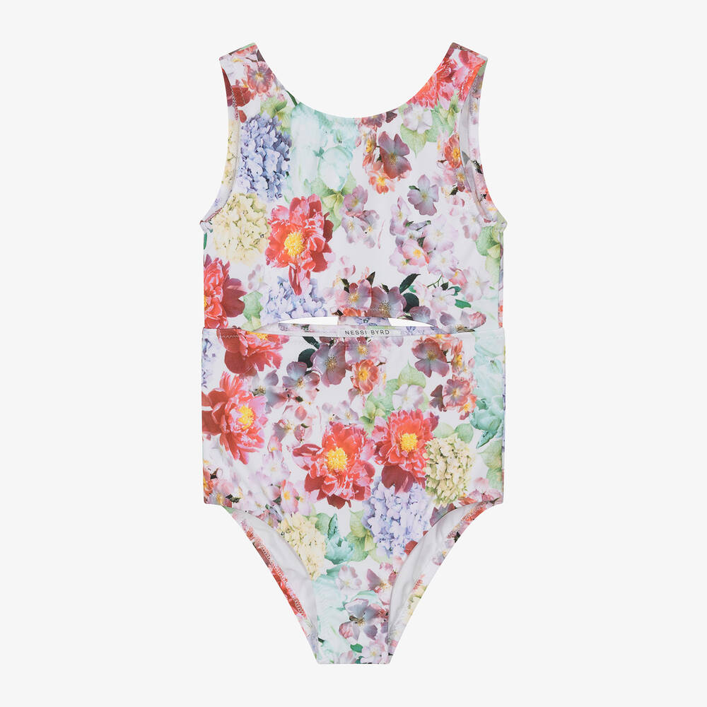 Nessi Byrd - Girls Lilac Purple Floral Cut-Out Swimsuit (UPF50) | Childrensalon