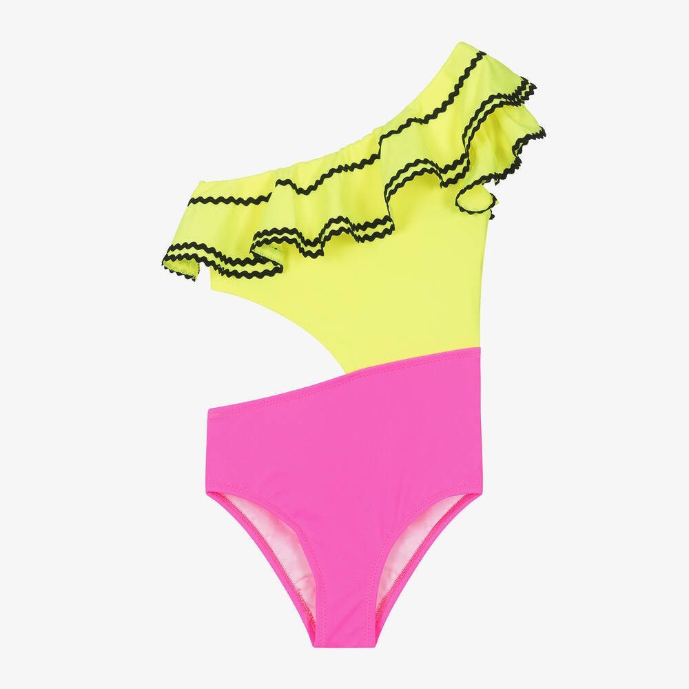 Nessi Byrd - Girls Neon Yellow & Pink Asymmetric Swimsuit (UV50) | Childrensalon