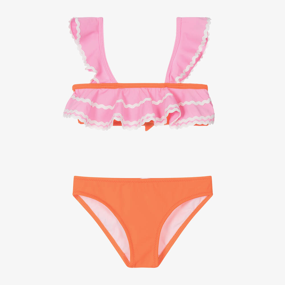 Nessi Byrd - Girls Orange & Pink Ruffle Bikini (UV50) | Childrensalon