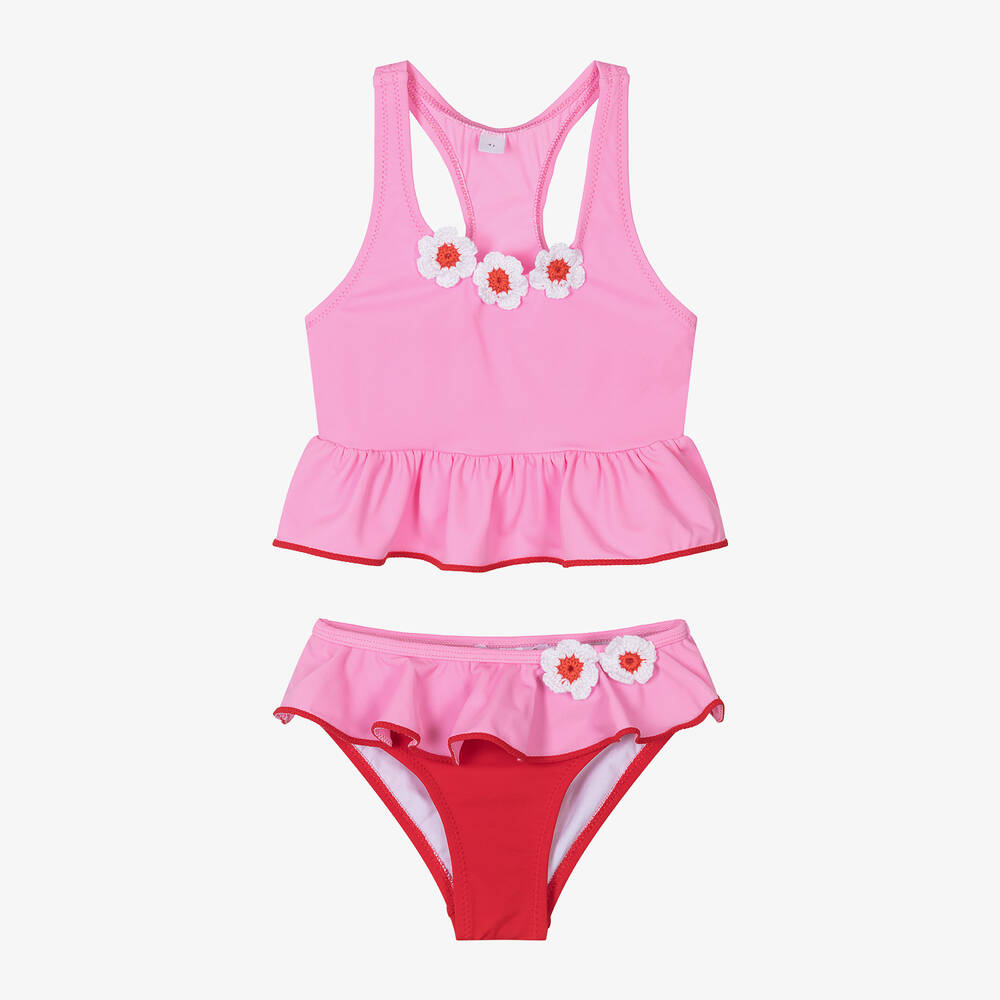 Nessi Byrd - Girls Pink Crochet Flower Bikini (UV50) | Childrensalon