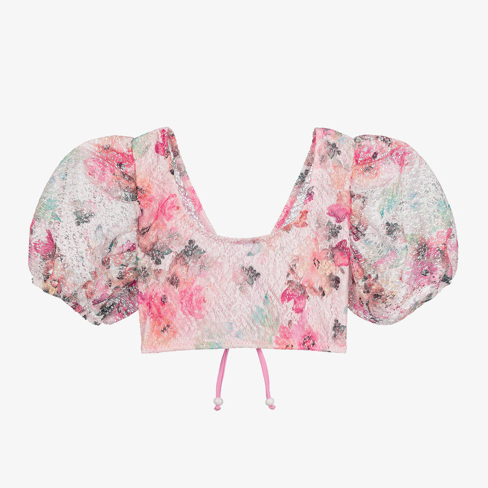 Nessi Byrd - Girls Pink Floral Lace Cropped Beach Top (UV50) | Childrensalon