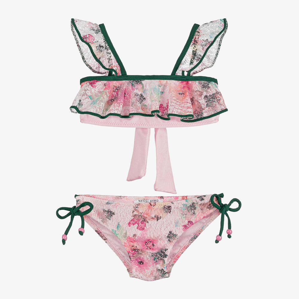 Nessi Byrd - Girls Pink Floral Lace Frill Bikini (UV50) | Childrensalon