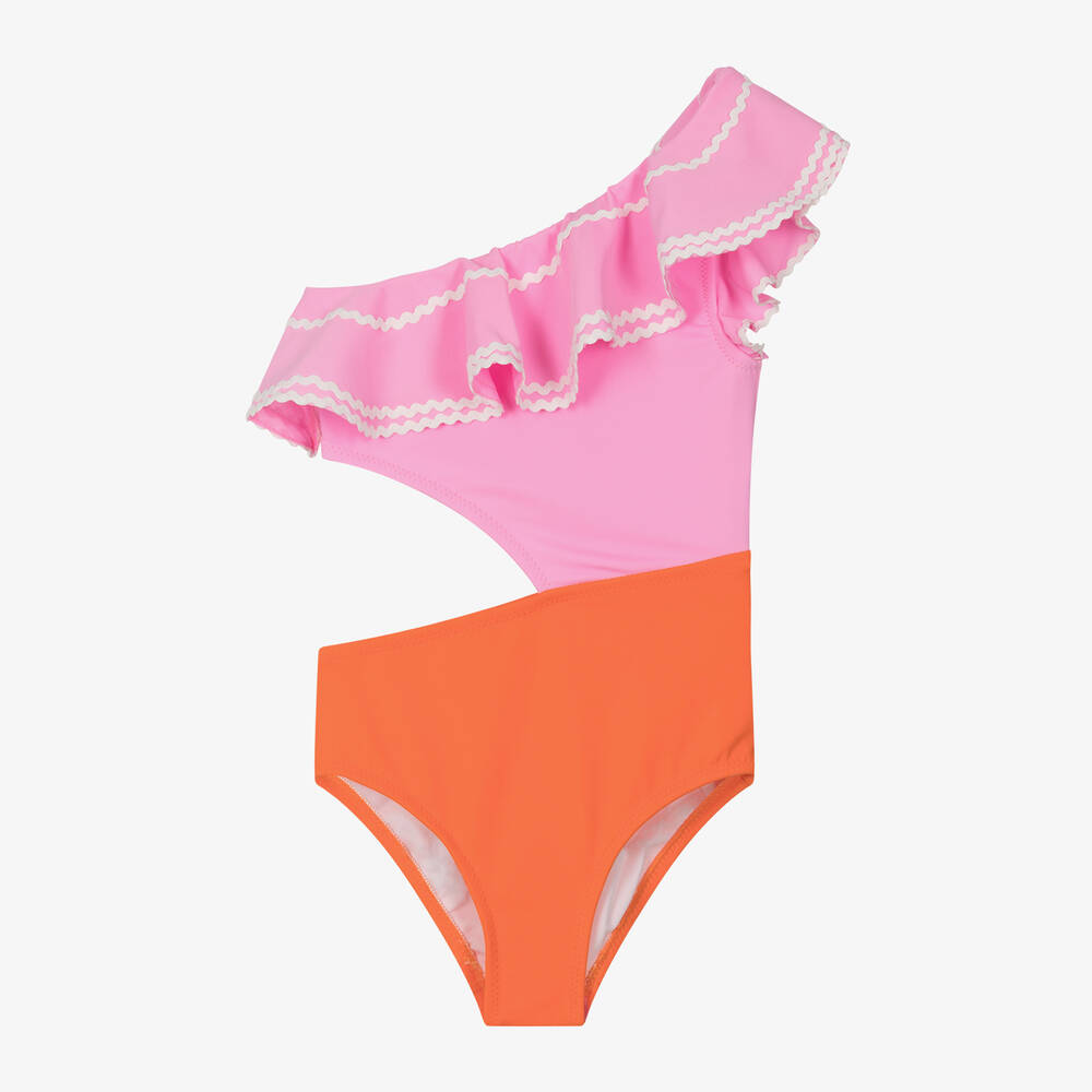 Nessi Byrd - Розово-оранжевый асимметричный купальник для девочек (UV50) | Childrensalon