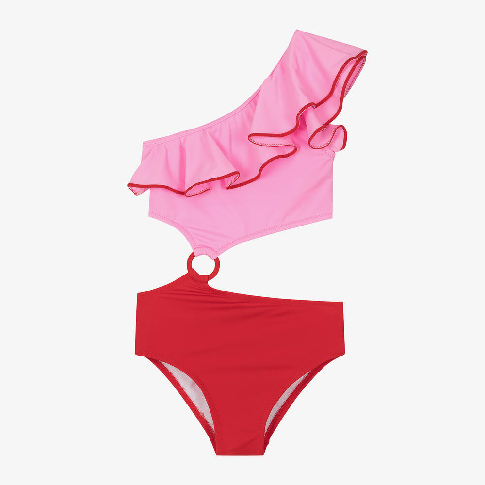 Nessi Byrd - Girls Pink & Red Asymmetric Swimsuit (UV50) | Childrensalon