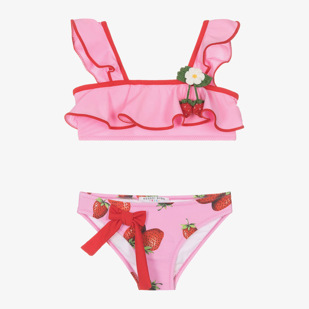 Nessi Byrd - Girls Pink Strawberry Bikini Set (UV50) | Childrensalon