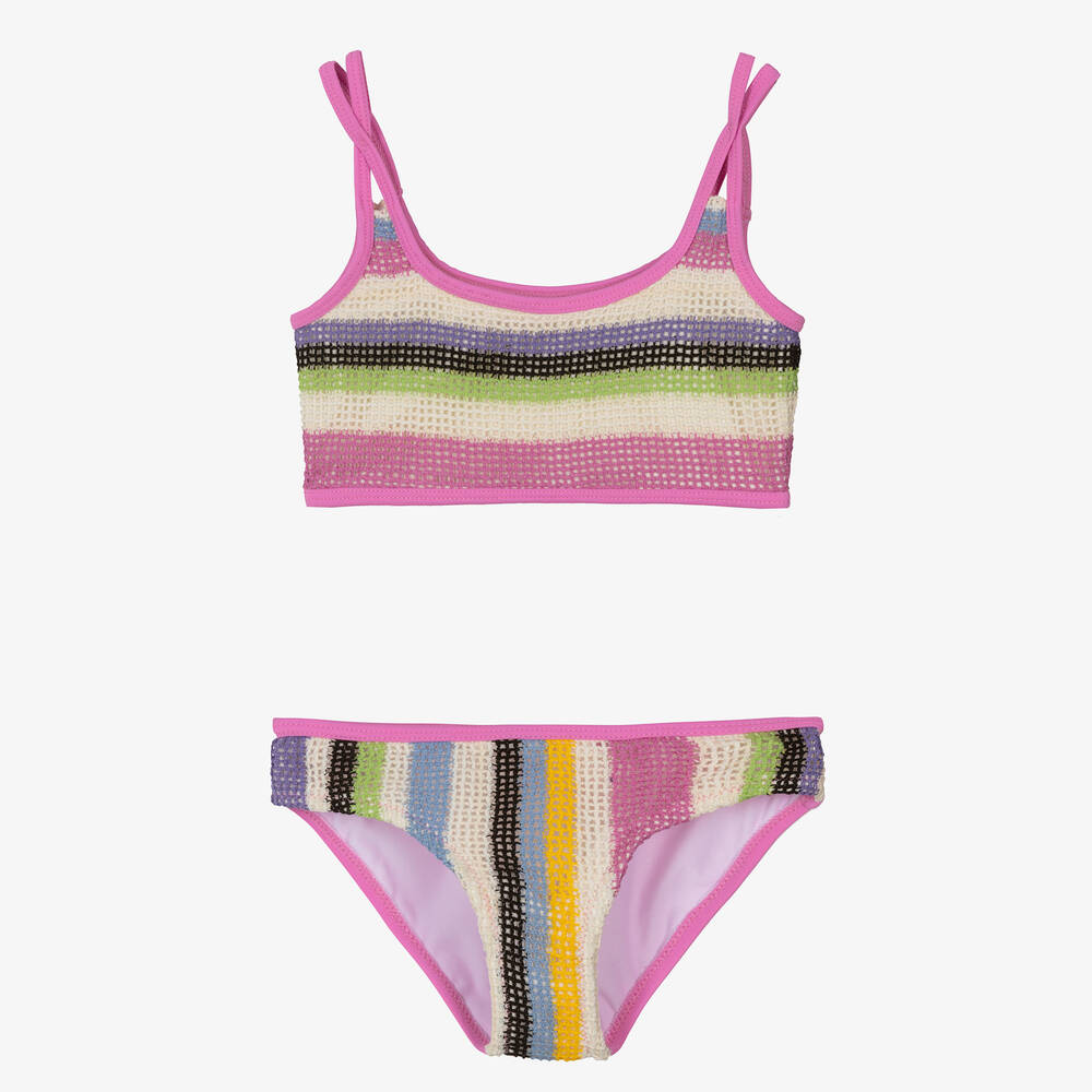 Nessi Byrd - Girls Pink Striped Crochet Bikini (UV50) | Childrensalon