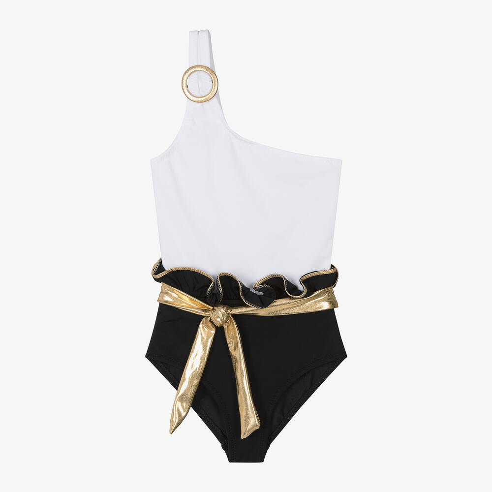 Nessi Byrd - Girls White & Black Swimsuit (UV50) | Childrensalon