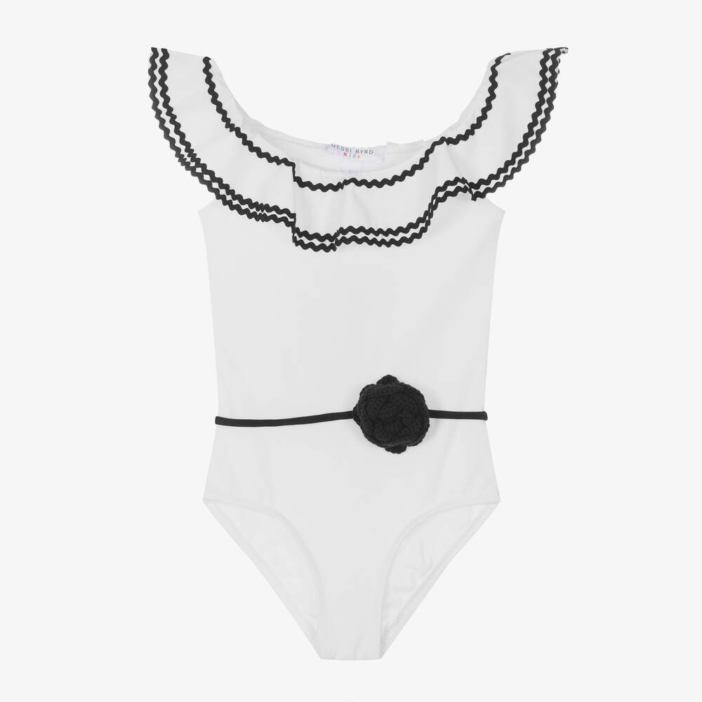 Nessi Byrd - Girls White Ruffle Swimsuit (UV50) | Childrensalon