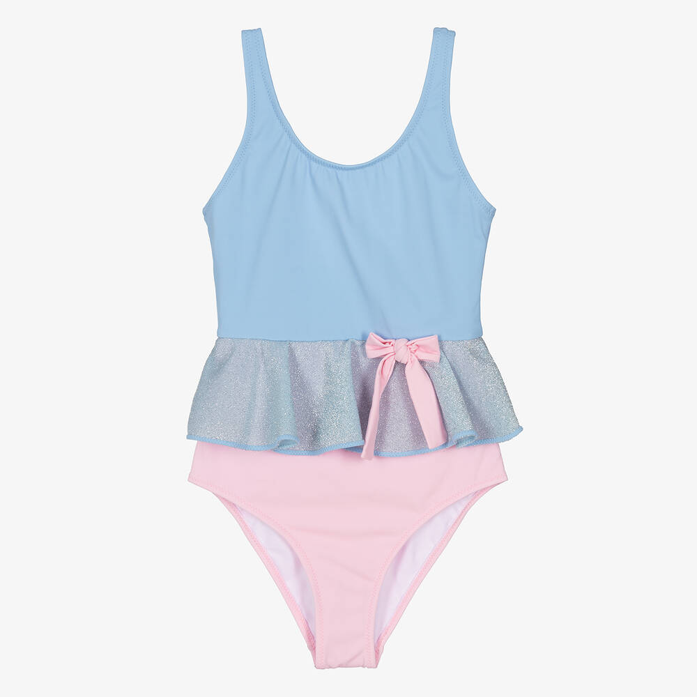 Nessi Byrd Girls Teen Blue & Pink Bow Swimsuit