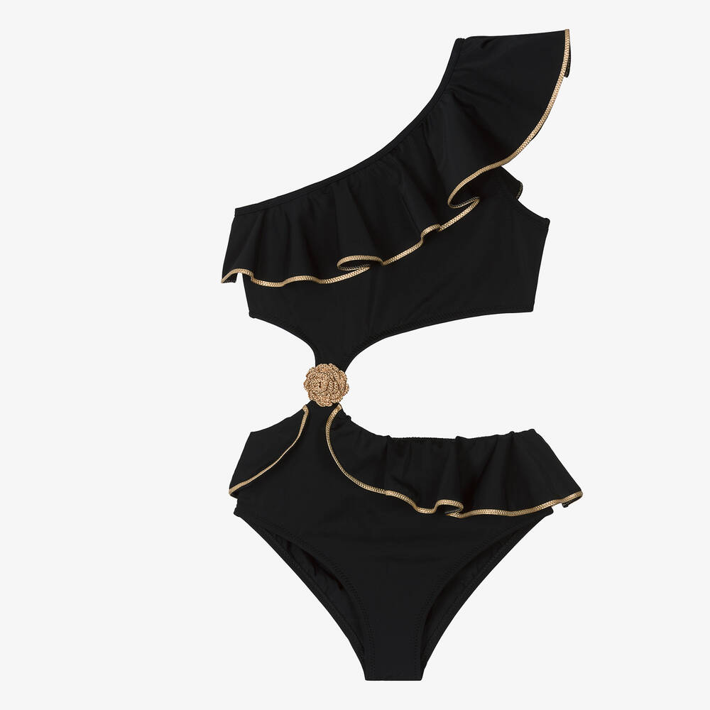 Nessi Byrd - Teen Girls Black One Shoulder Swimsuit (UV50) | Childrensalon