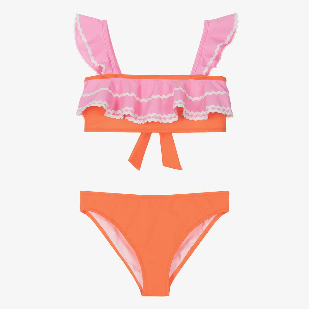 Nessi Byrd - Teen Girls Orange & Pink Ruffle Bikini (UV50) | Childrensalon