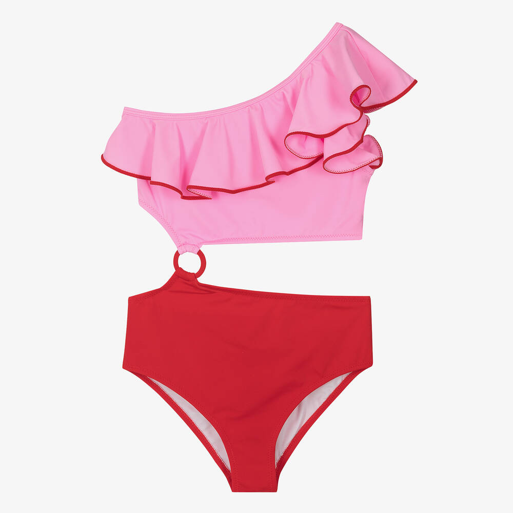 Nessi Byrd - Teen Girls Pink & Red Asymmetric Swimsuit (UV50) | Childrensalon