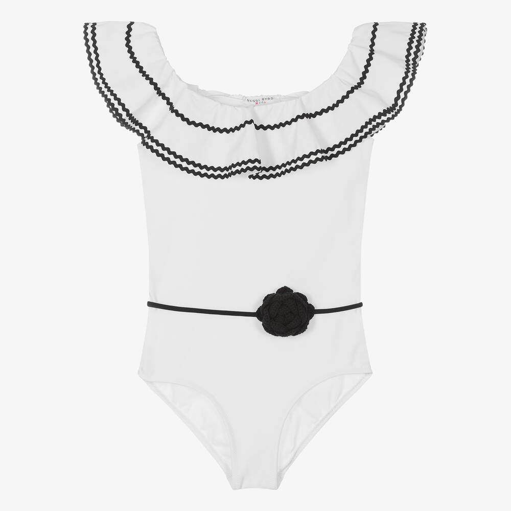 Nessi Byrd Teen Girls White Ruffle Swimsuit (uv50)