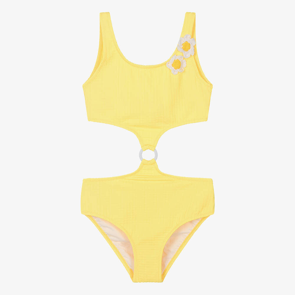 Nessi Byrd Teen Girls Yellow Crochet Flower Swimsuit (uv50)