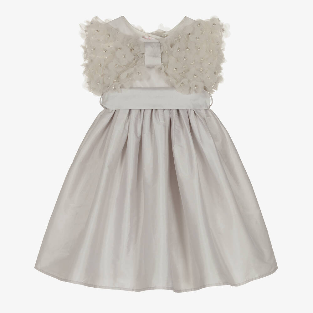 Nicki Macfarlane - Girls Grey Silk Dress with Tulle Flowers | Childrensalon