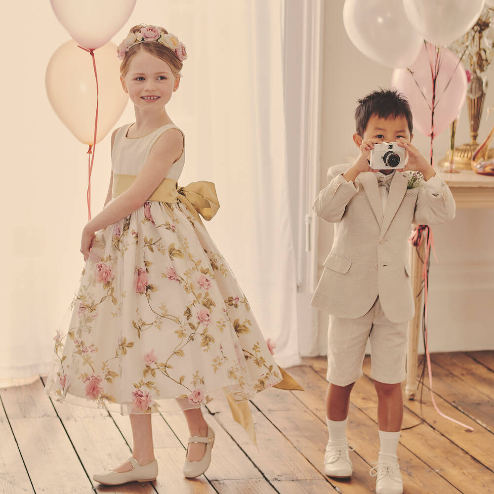 Nicki Macfarlane-Кремовое платье из шелка и органзы с цветами  | Childrensalon