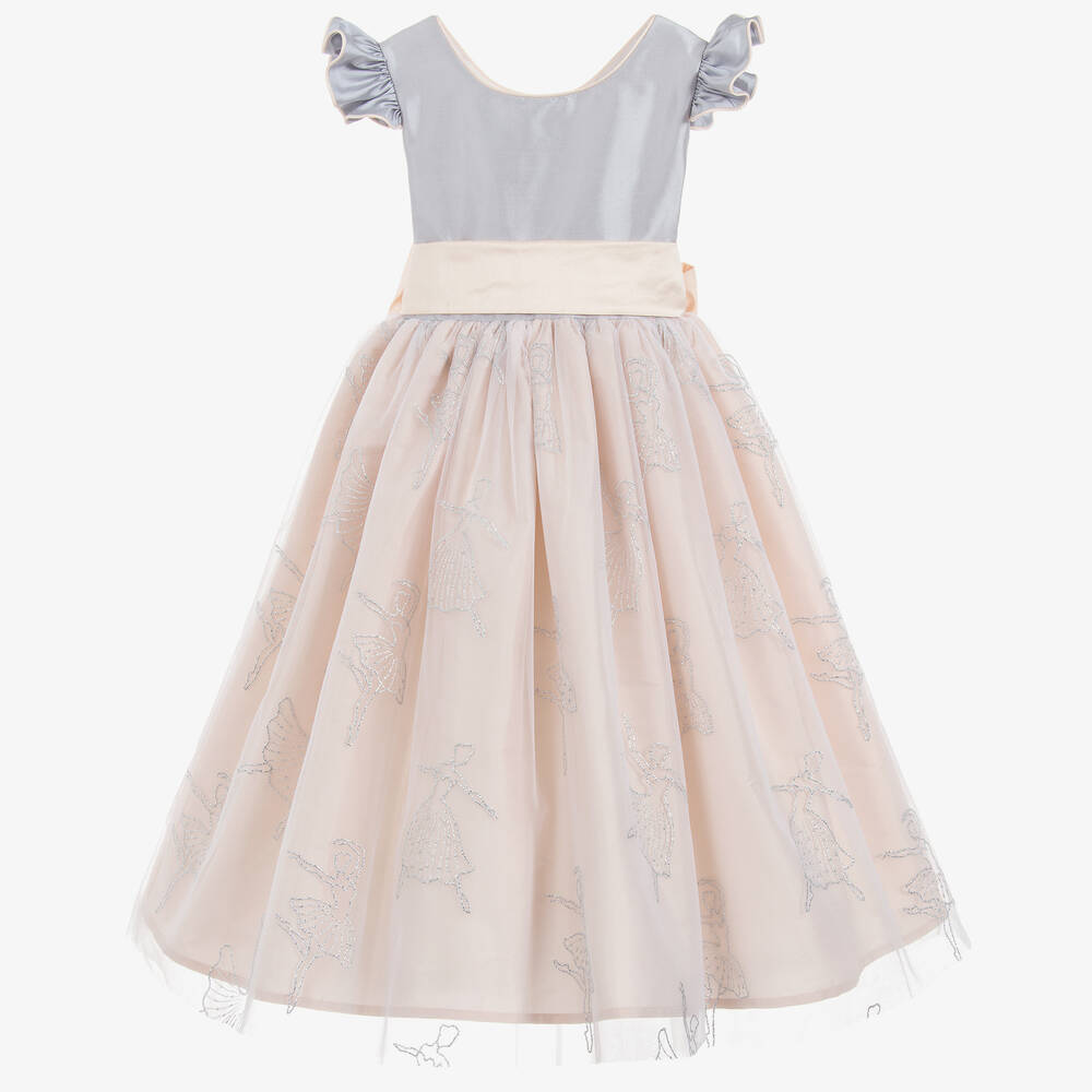 Nicki Macfarlane - Girls Pink & Silver Silk & Tulle Dress | Childrensalon