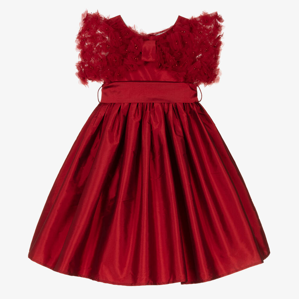 Nicki Macfarlane - Girls Red Silk Dress with Tulle Flowers | Childrensalon