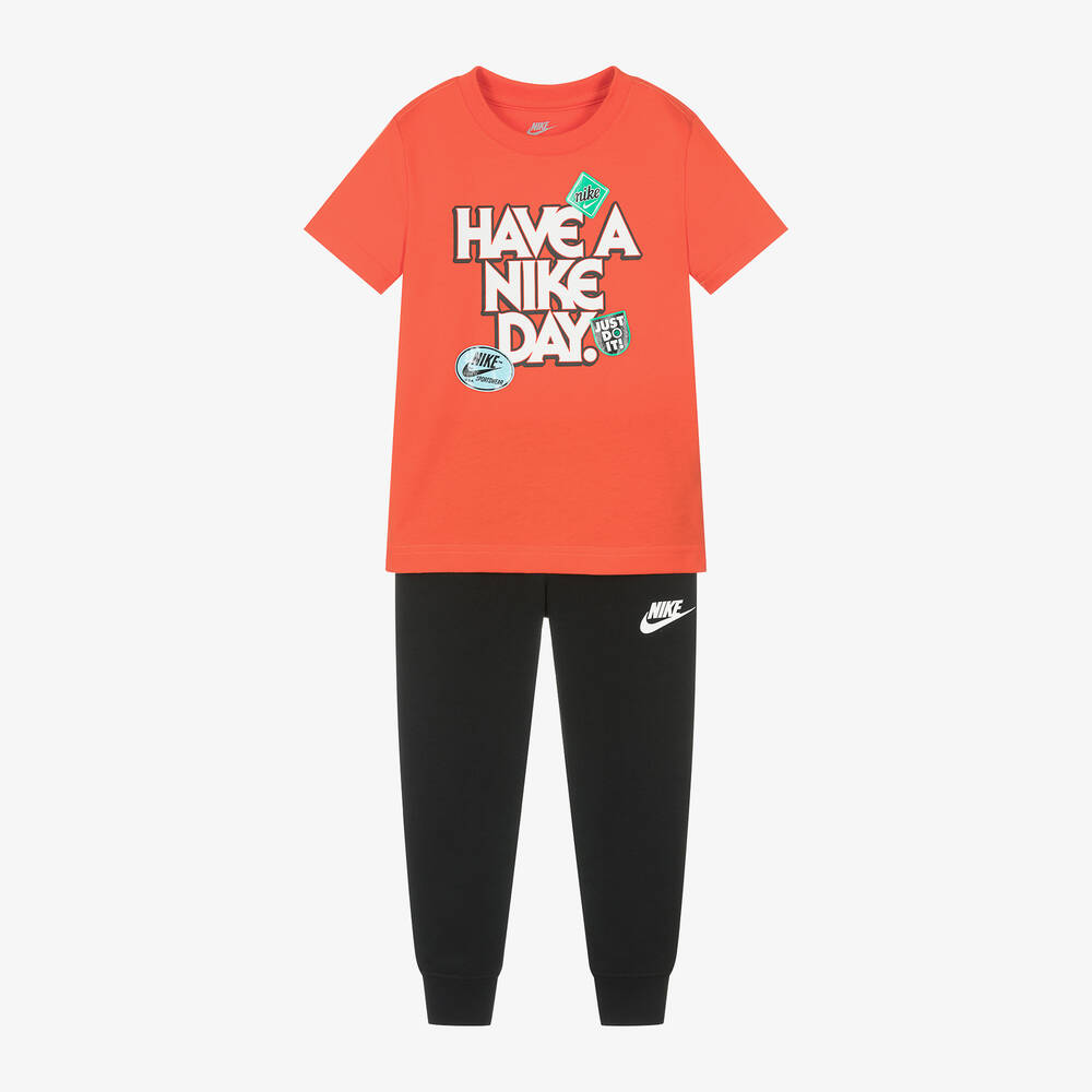Nike - طقم بنطلون رياضي قطن جيرسي لون أسود وبرتقالي | Childrensalon