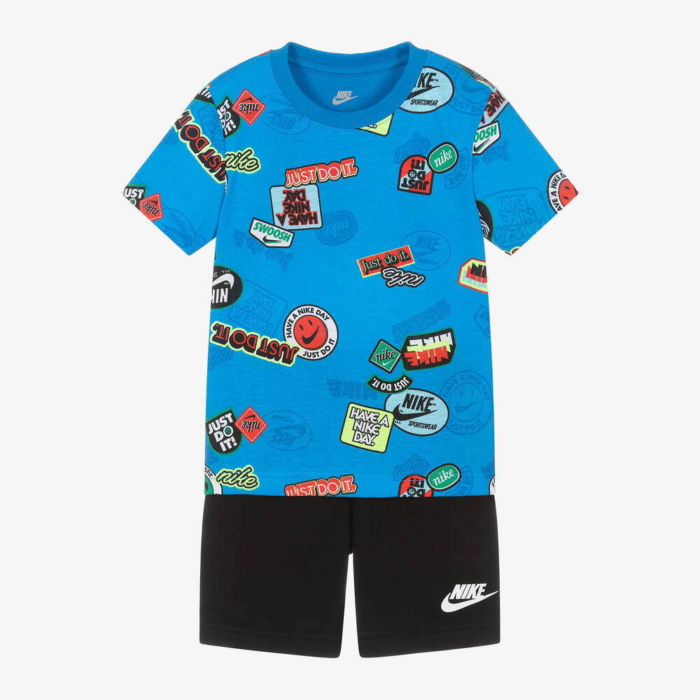 Nike - طقم شورت قطن جيرسي لون أسود وأزرق للأولاد | Childrensalon