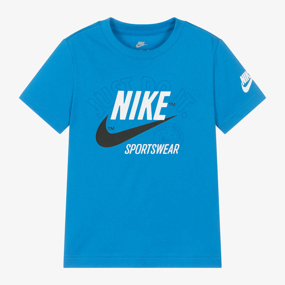 Nike - Boys Blue Cotton Swoosh-Print T-Shirt | Childrensalon