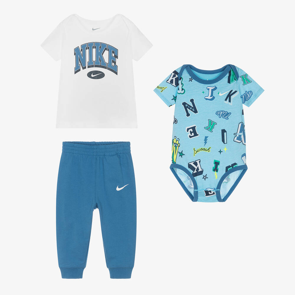 Nike - طقم أفرول قطن لون أزرق وأبيض للمواليد | Childrensalon