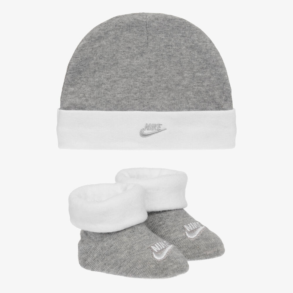 Nike - طقم قبعة وبوت شتوى أطفال ولادى  قطن جيرسى  لون رمادي وأبيض  | Childrensalon