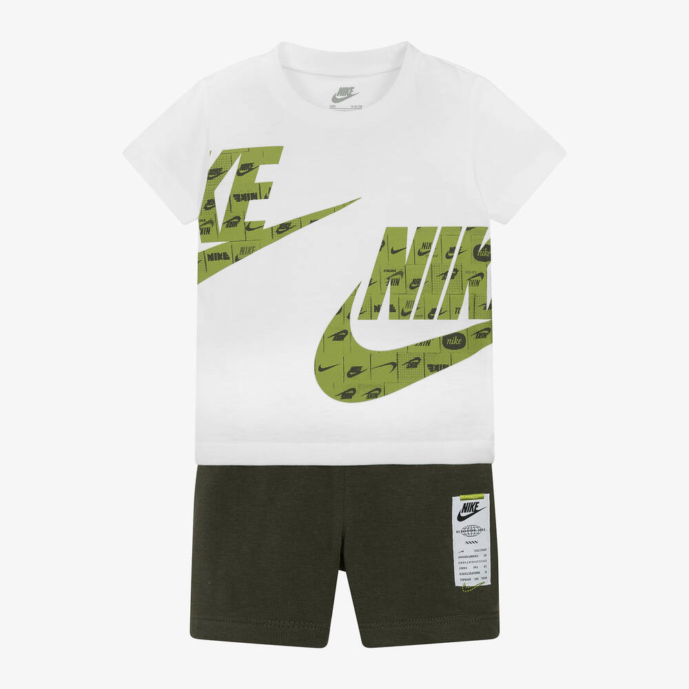 Nike - طقم شورت مزيج قطن جيرسى لون أخضر وأبيض للأولاد | Childrensalon