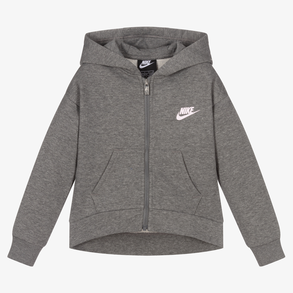 Nike - توب هودي بسحّاب قطن جيرسي لون رمادي للبنات | Childrensalon
