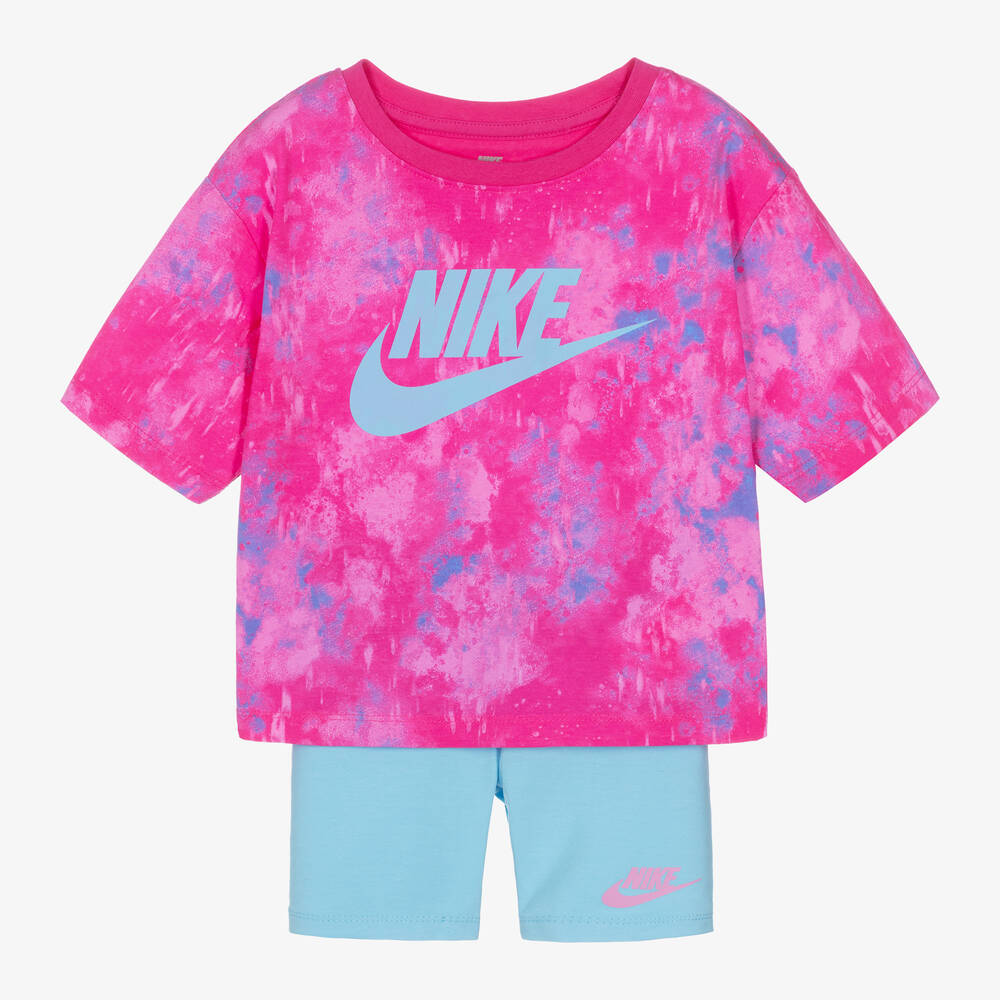 Nike - طقم شورت قطن جيرسي لون زهري وأزرق للبنات | Childrensalon