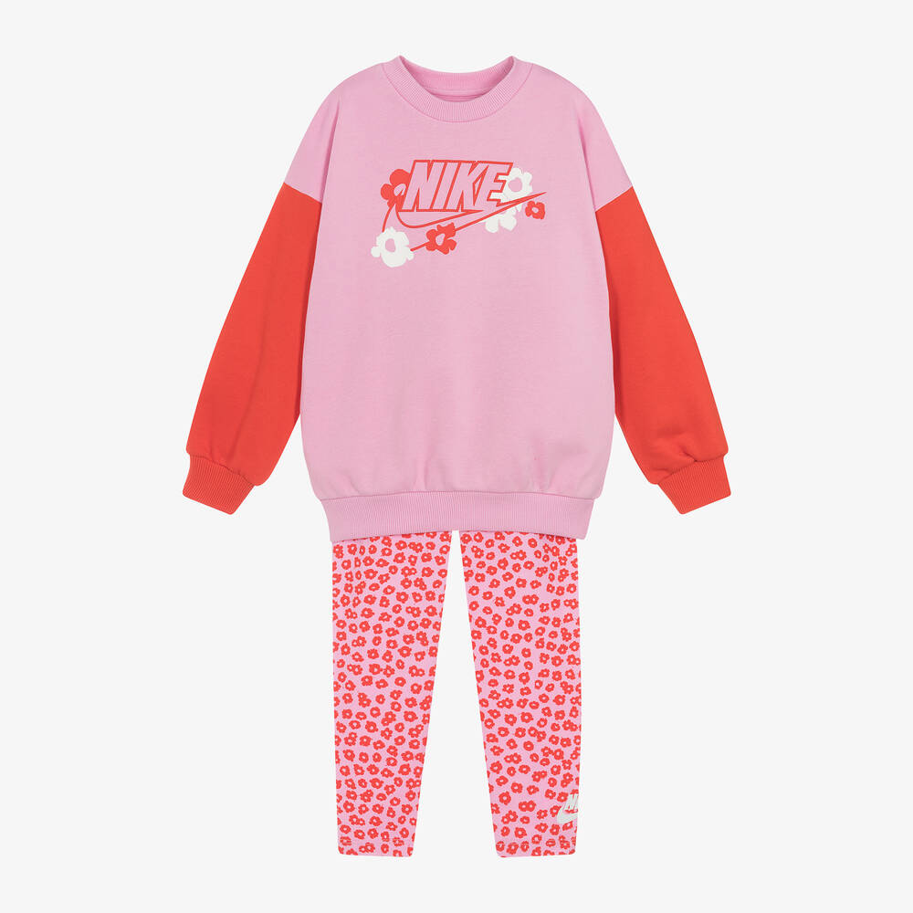 Nike - طقم ليقنز قطن جيرسي لون زهري وأحمر بطبعة ورود | Childrensalon