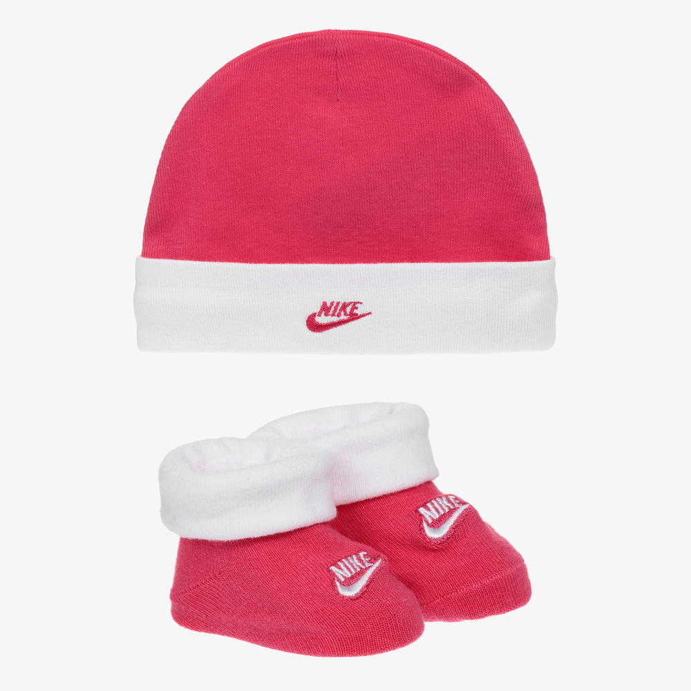 Nike - طقم قبعة وبوت قطن جيرسي لون زهري وأبيض للمولودات | Childrensalon