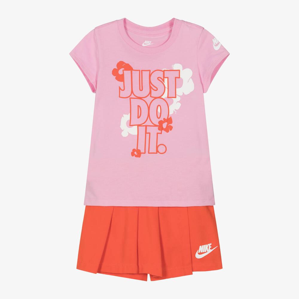 Nike - طقم شورت سكورت قطن جيرسي لون زهري وأحمر | Childrensalon
