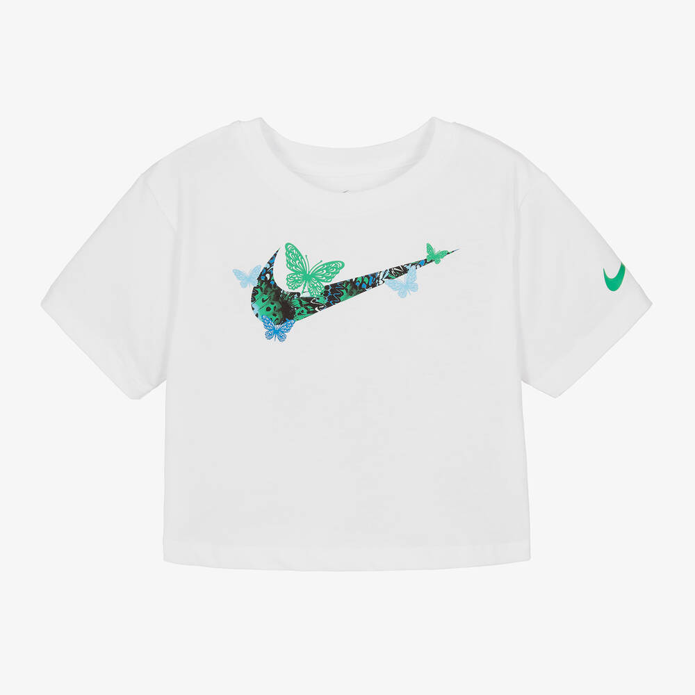 Nike - Girls White Cotton Butterfly T-Shirt | Childrensalon