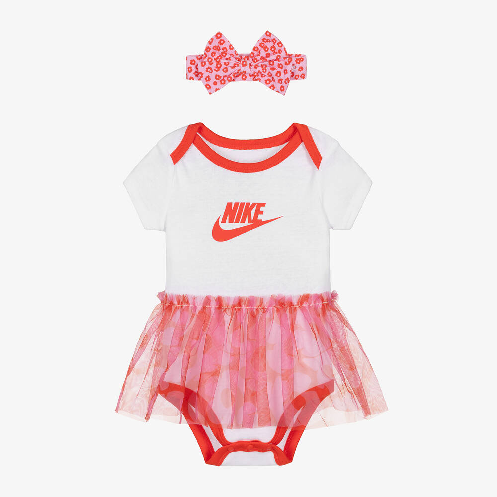 Nike - طقم أفرول قطن جيرسي وتول لون أبيض للمولودات | Childrensalon
