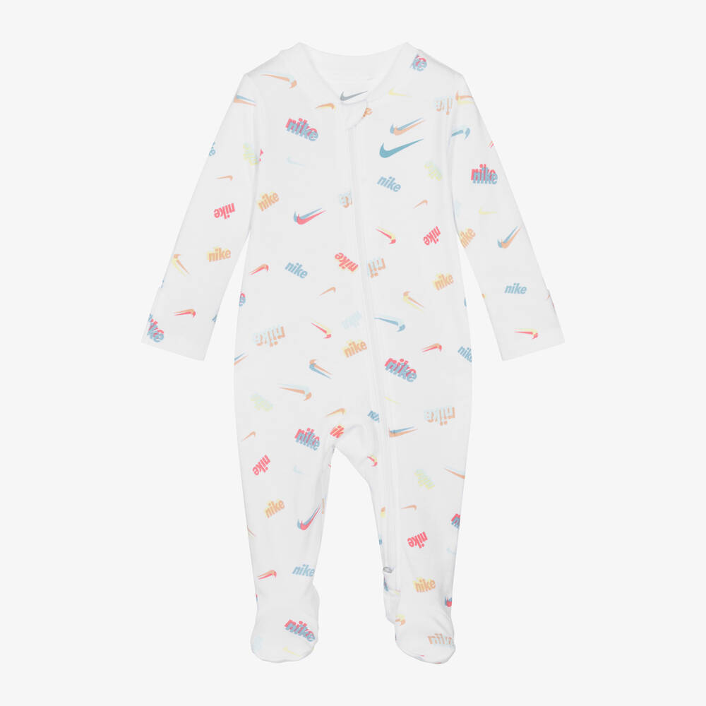 Nike - White Swoosh Print Cotton Babygrow  | Childrensalon