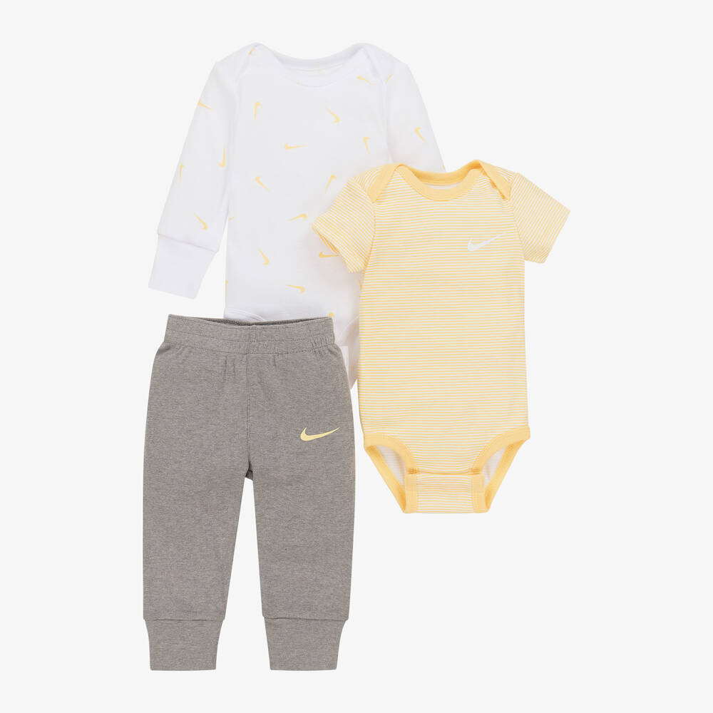 Nike - Yellow Swoosh Print Cotton Baby Joggers Set  | Childrensalon