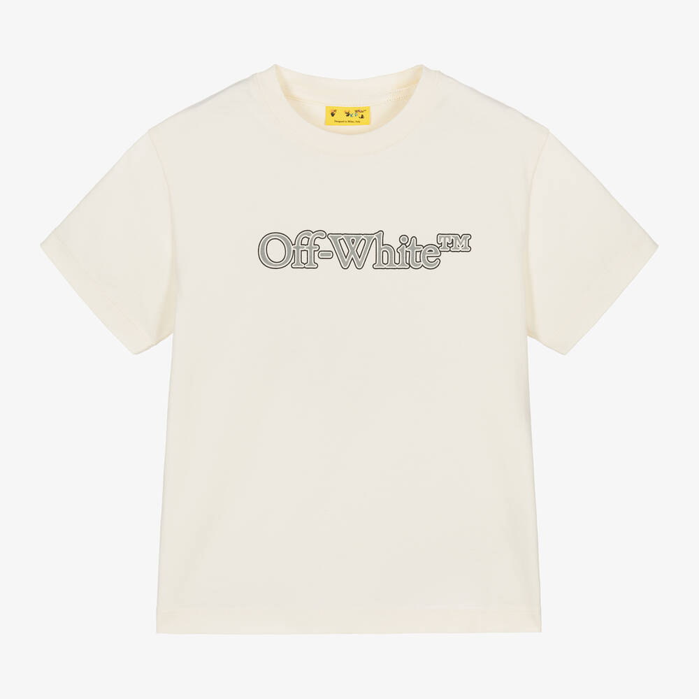 Off-White - Boys Ivory Reflective Bookish Logo T-Shirt | Childrensalon