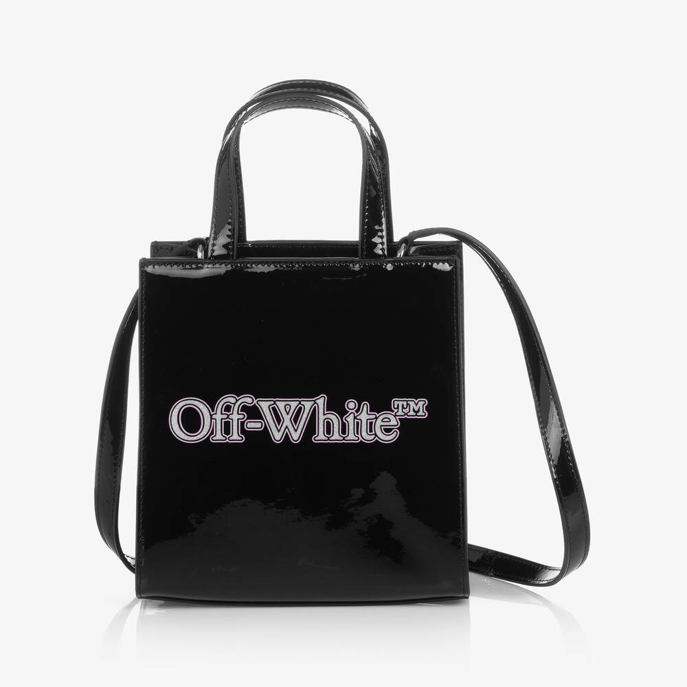 Off-White - Girls Black Faux Patent Leather Logo Bag (19cm) | Childrensalon