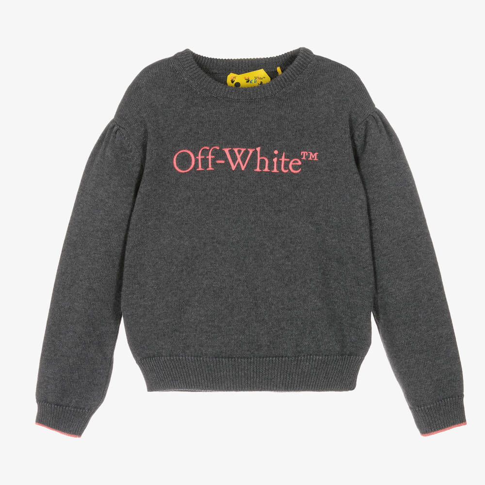 Off-White - بلوفر قطن وصوف لون رمادي للبنات | Childrensalon