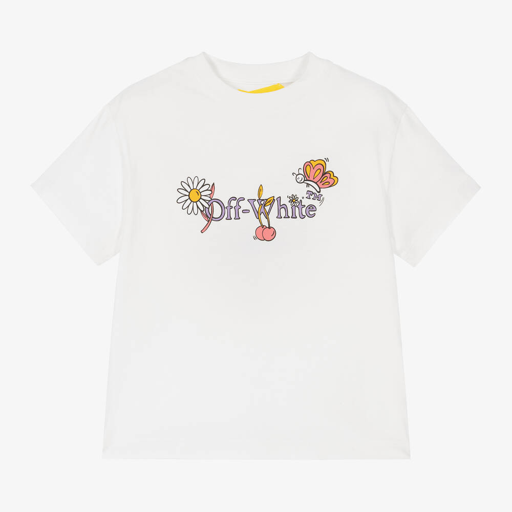 Off-White - Girls White Cotton T-Shirt | Childrensalon