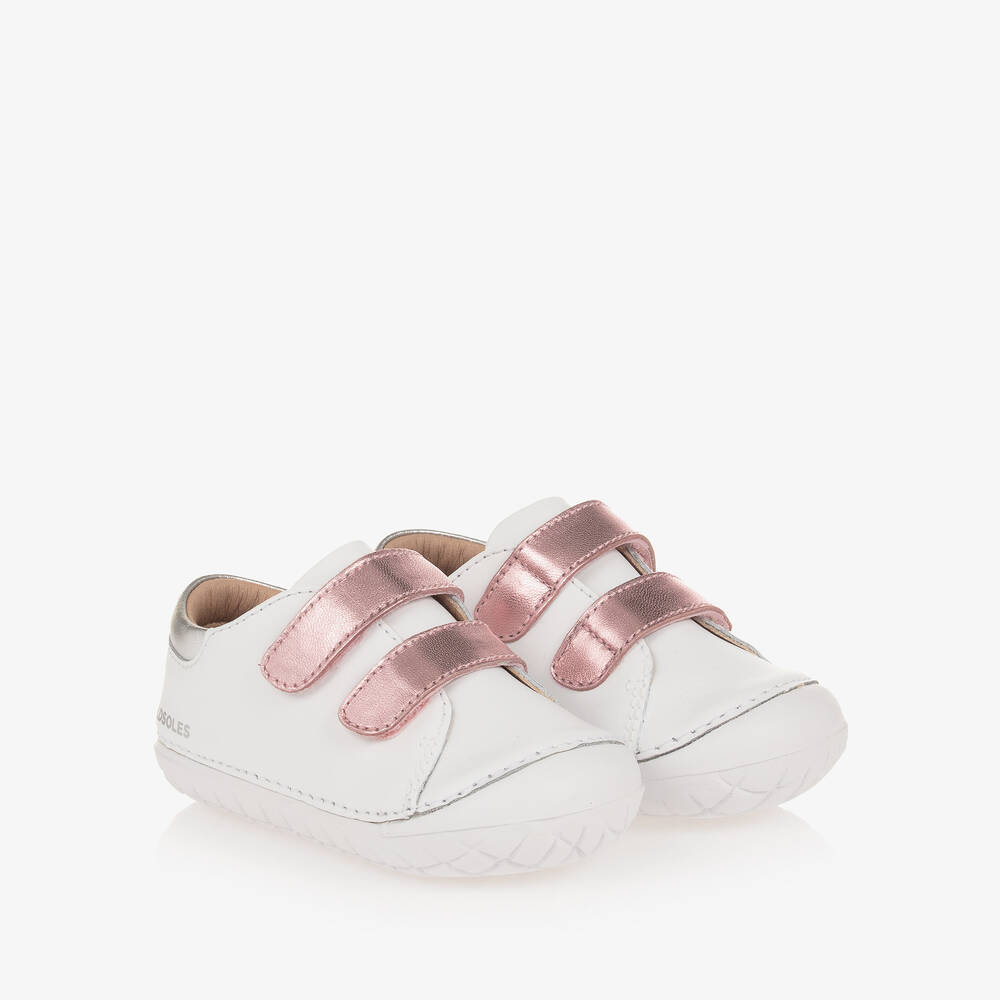 Old Soles - Girls White & Pink Leather First Walker Trainers | Childrensalon