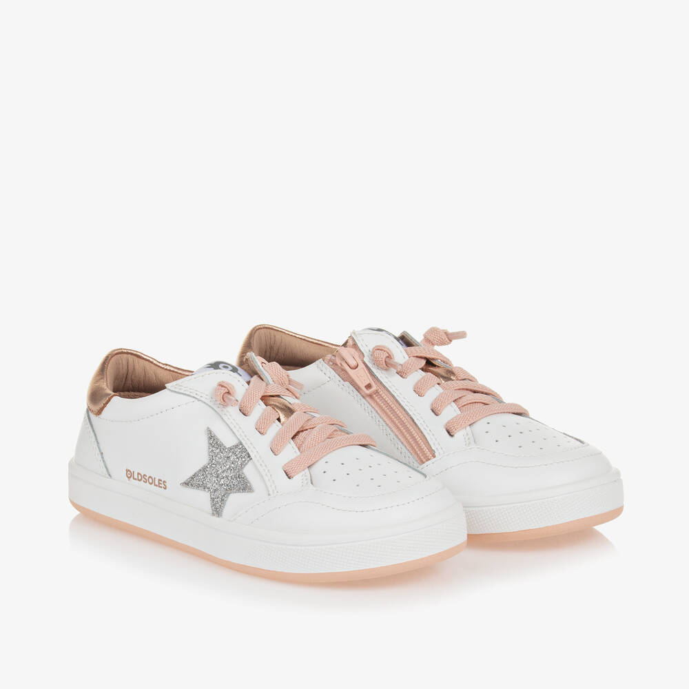 Old Soles - Girls White & Rose Gold Leather Trainers | Childrensalon