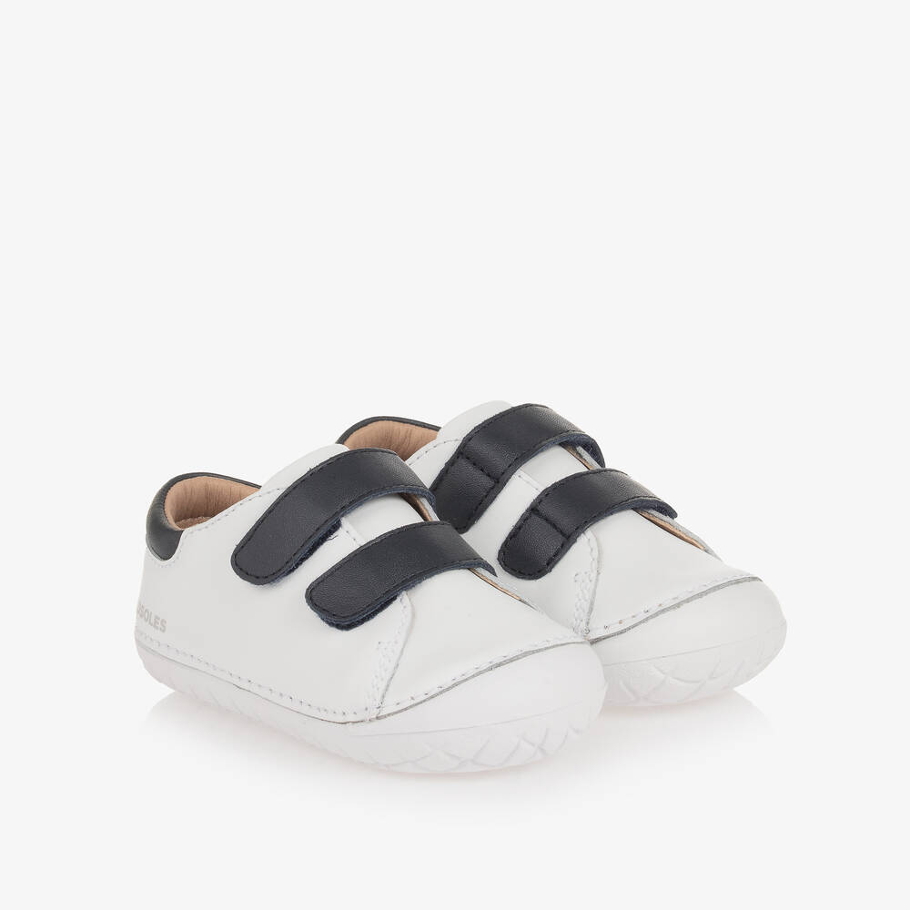 Old Soles - White & Blue Leather First Walker Trainers | Childrensalon