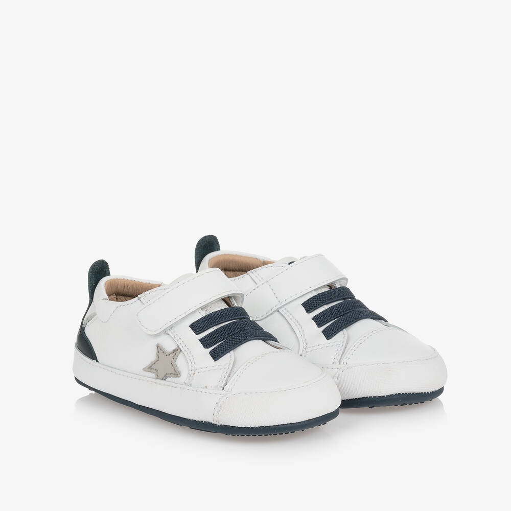 Old Soles - White & Blue Leather First-Walker Trainers | Childrensalon